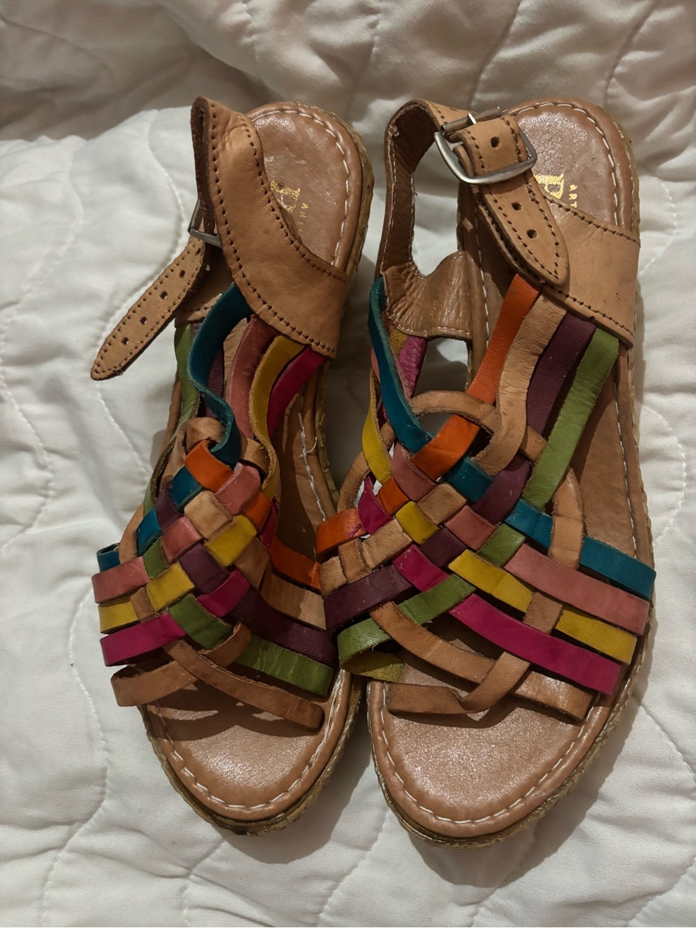 Multicolor Woven Leather Women’s Wedge Sandals - Tan Base